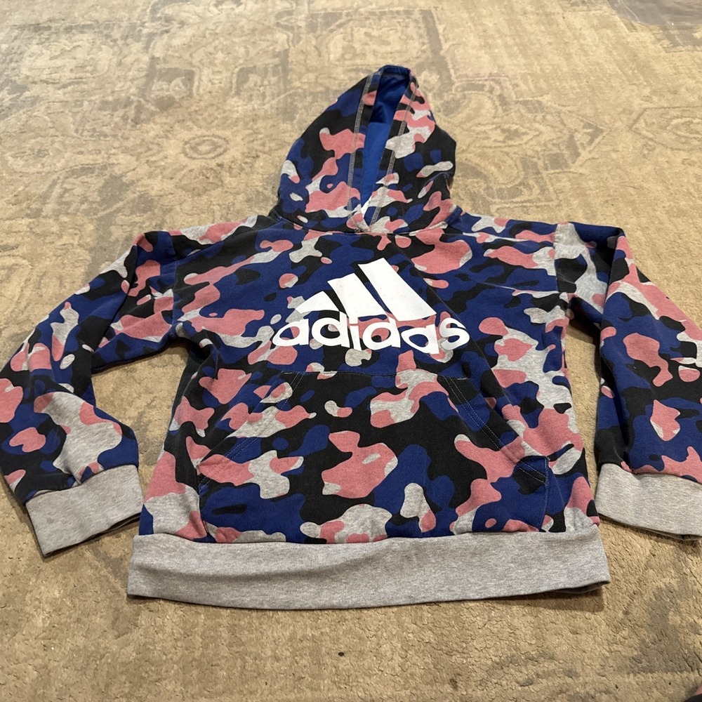 Adidas Sweatshirt Hoodie Girls Size Medium 10/12 Blue/Black/Grey/Pink Camo